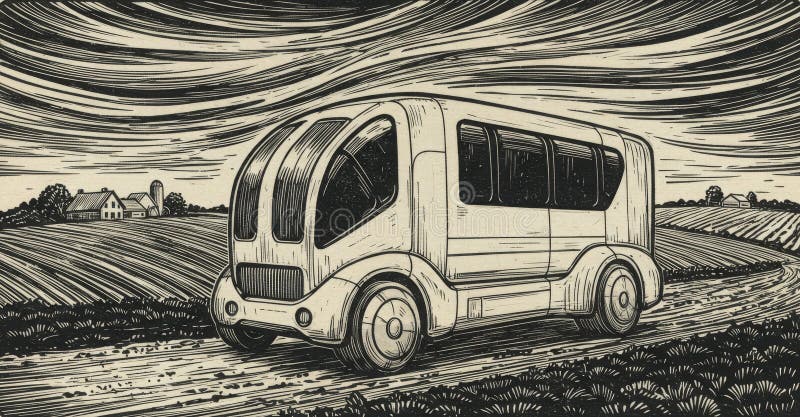 Konceptet med en obemannad lastbil i typen vintage linocut på en landsväg. royaltyfri illustrationer
