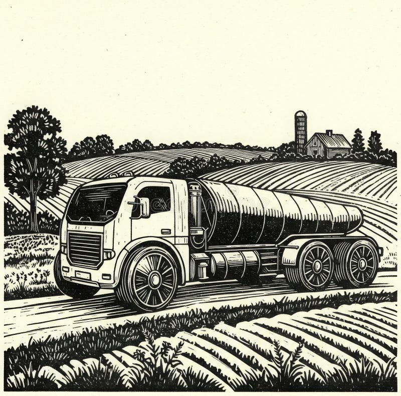 Konceptet med en obemannad lastbil i typen vintage linocut på en landsväg. royaltyfri illustrationer