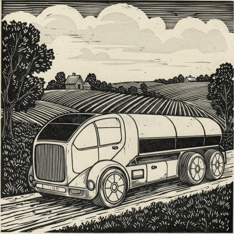 Konceptet med en obemannad lastbil i typen vintage linocut på en landsväg. vektor illustrationer