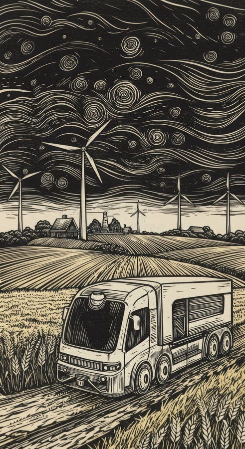 Konceptet med en obemannad lastbil i typen vintage linocut på en landsväg. royaltyfri illustrationer