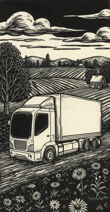 Konceptet med en obemannad lastbil i typen vintage linocut på en landsväg. vektor illustrationer