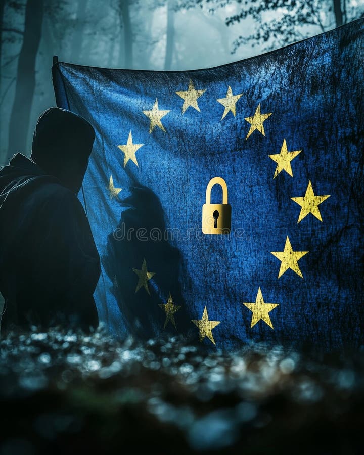 Konceptet 'it-security risk', dvs. en person med EU-flagga, som har en skyddssymbol i mörkt regn natt royaltyfri illustrationer