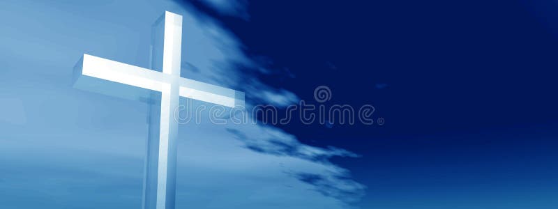 Conceptual glass cross or religion symbol silhouette on water landscape over a day or daytime sky. Conceptual glass cross or religion symbol silhouette on water landscape over a day or daytime sky