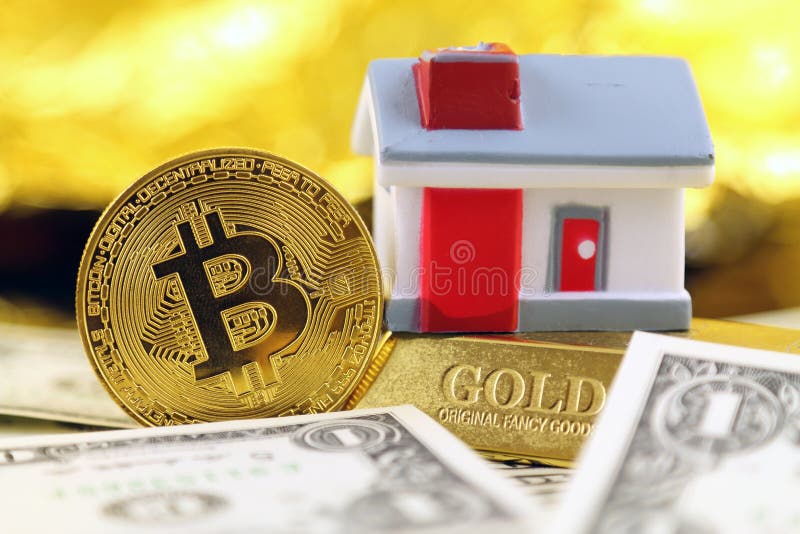 Konceptualny wizerunek dla inwestorów w cryptocurrency nowym wirtualnym pieniądze, złocie, nieruchomości i dolarach zdjęcia stock