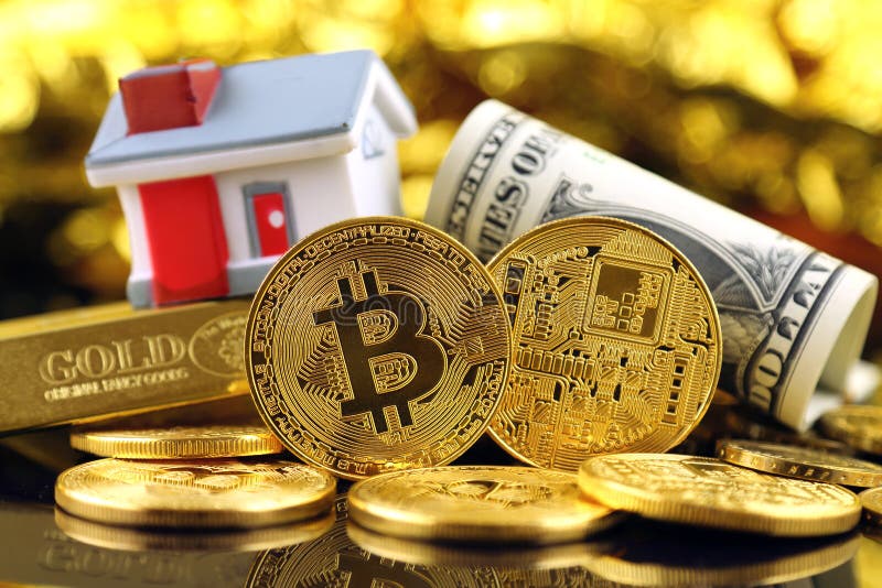 Konceptualny wizerunek dla inwestorów w cryptocurrency nowym wirtualnym pieniądze, złocie, nieruchomości i dolarach zdjęcia stock