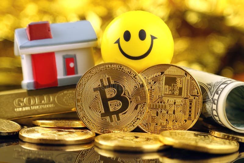 Konceptualny wizerunek dla inwestorów w cryptocurrency nowym wirtualnym pieniądze, złocie, nieruchomości i dolarach obraz royalty free