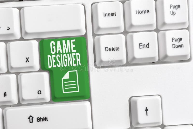 Conceptual hand writing showing Game Designer. Concept meaning Campaigner Pixel Scripting Programmers Consoles 3D Graphics White pc keyboard with note paper above the white background. Conceptual hand writing showing Game Designer. Concept meaning Campaigner Pixel Scripting Programmers Consoles 3D Graphics White pc keyboard with note paper above the white background