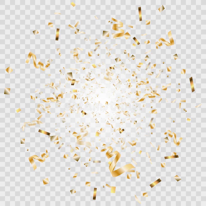 Konfetti- och strömlinjeband som faller på genomskinlig bakgrund Falling shiny gold konetti Ljus gyllene festive part royaltyfri illustrationer Konfetti- och strömlinjeband som faller på genomskinlig bakgrund Falling shiny gold konetti Ljus gyllene festive part royaltyfri illustrationer