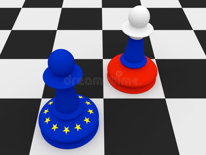 Konflikt mellan Ryssland och EU: Ryss och EU-flaggaschack pantsätter, illustrationen vektor illustrationer Konflikt mellan Ryssland och EU: Ryss och EU-flaggaschack pantsätter, illustrationen vektor illustrationer