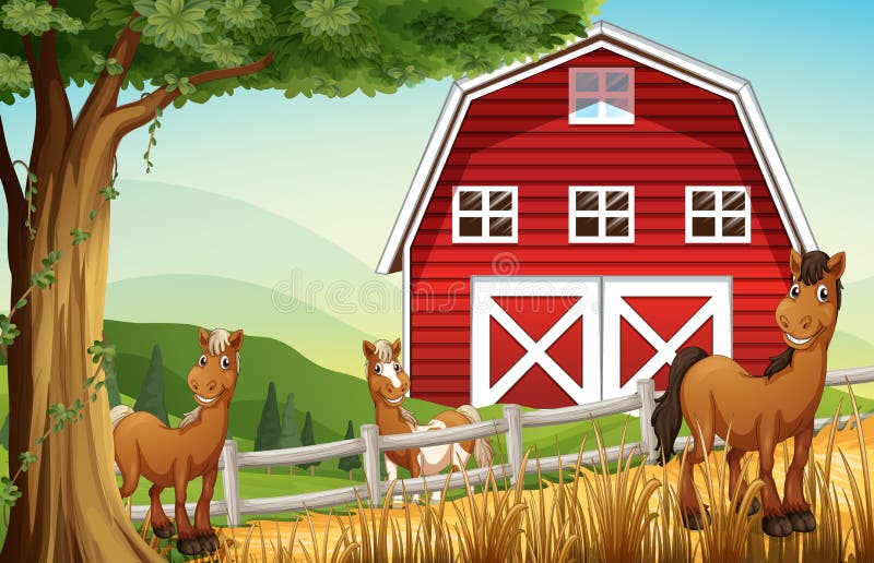 Konie przy gospodarstwem rolnym blisko czerwonego barnhouse royalty ilustracja Konie przy gospodarstwem rolnym blisko czerwonego barnhouse royalty ilustracja