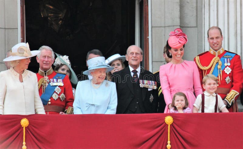 Queen Elizabeth & Royal Family, Buckingham Palace, London June 2017- Trooping the Colour Prince George William, harry, Kate & Charlotte Balcony for Queen Elizabeth&#x27;s Birthday June 17 2017 London, UK - stock photo, stock photograph, image, picture, editorial. Queen Elizabeth & Royal Family, Buckingham Palace, London June 2017- Trooping the Colour Prince George William, harry, Kate & Charlotte Balcony for Queen Elizabeth&#x27;s Birthday June 17 2017 London, UK - stock photo, stock photograph, image, picture, editorial