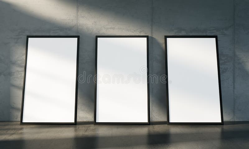 Konkret gallerirum, affischåtlöje för tre isolat upp stock illustrationer Konkret gallerirum, affischåtlöje för tre isolat upp stock illustrationer