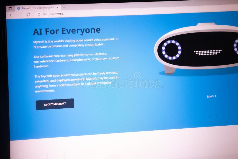 KONSKIE, POLAND - May 21, 2022: mycroft. ai website displayed on laptop. Mycroft is an open source voice assistant royalty free stock image