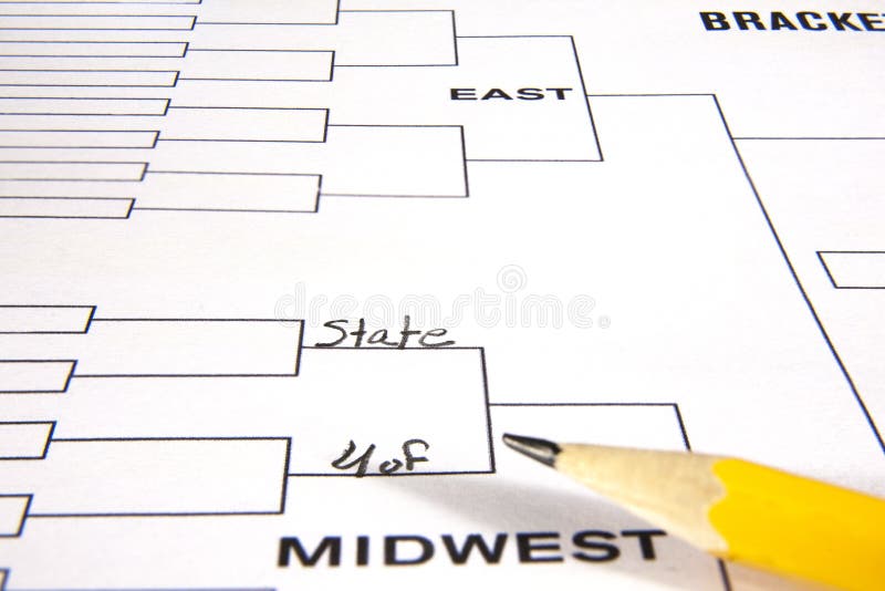 Sixty four team playoff bracket with two lines fille in and a pencil. Sixty four team playoff bracket with two lines fille in and a pencil