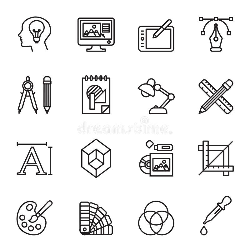 Konst, teckningen och rengöringsduken och symboler för grafisk design ställde in vektor illustrationer
