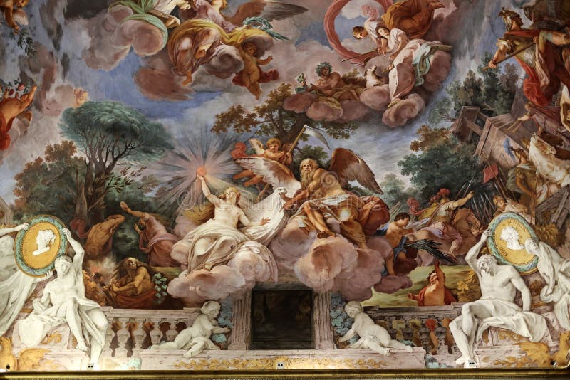 Konstmålning av taket i central korridor av villan Borghese, Rome arkivbild Konstmålning av taket i central korridor av villan Borghese, Rome arkivbild