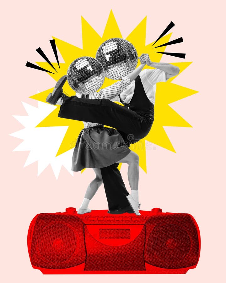 Konstnärer med discobollar på huvudet som dansar på musikspelare över ljusbakgrund. samtida konsthandel arkivbild