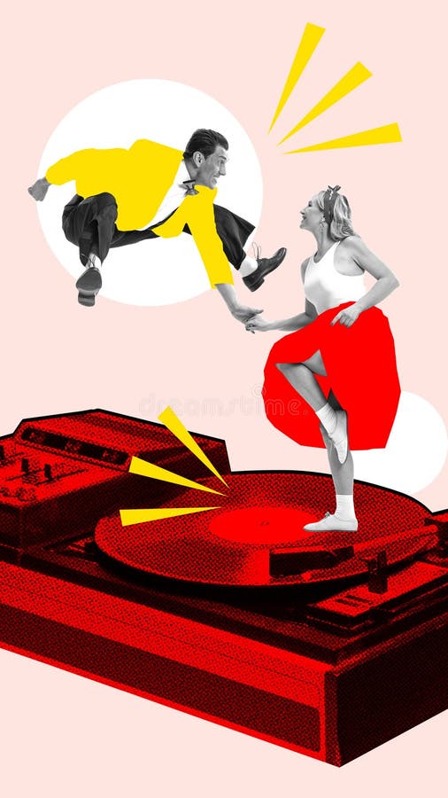 Konstnärlig man och kvinna som glatt dansar på musiklager över ljusbakgrund. samtida konsthandel. affisch royaltyfri bild