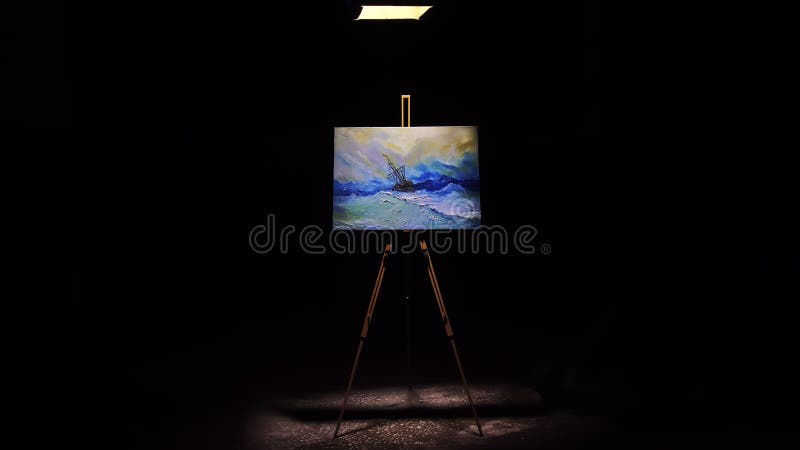 Artist copyist paint seascape with ship in ocean. Craftsman decorator draw as boat sail on blue sea with acrylic oil color. Black background. Indoor. Wide angle shot cinematic look. Artist copyist paint seascape with ship in ocean. Craftsman decorator draw as boat sail on blue sea with acrylic oil color. Black background. Indoor. Wide angle shot cinematic look.