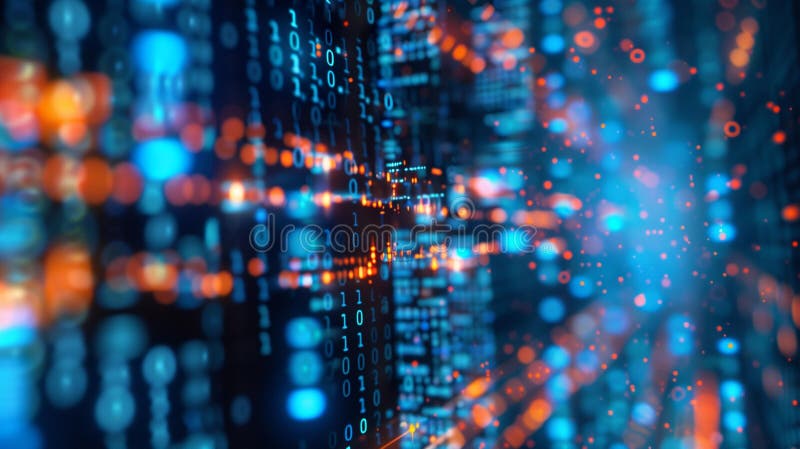 Konstnärlig quantum cryptography-teknik färgstark binär-kod för glöd på mörk bakgrundsdekryptering royaltyfri illustrationer