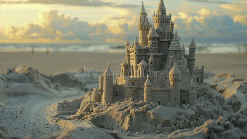 A magnificent sand castle stands tall on the beach, surrounded by the breathtaking natural landscape of the sunset sky, water, and plant life AIG50 AI generated. A magnificent sand castle stands tall on the beach, surrounded by the breathtaking natural landscape of the sunset sky, water, and plant life AIG50 AI generated
