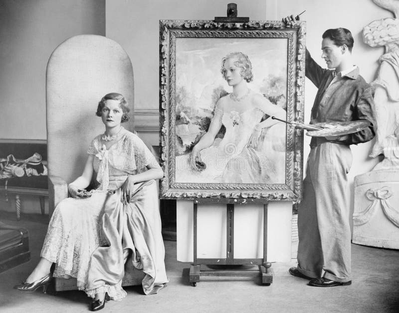 Artist painting portrait of posing woman (All persons depicted are no longer living and no estate exists. Supplier grants that there will be no model release issues.). Artist painting portrait of posing woman (All persons depicted are no longer living and no estate exists. Supplier grants that there will be no model release issues.)