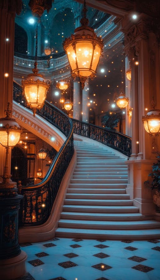 Konstrukcja wnętrza oświetlona wielkimi schodami elegancji. architektoniczny splendor. ilustracji