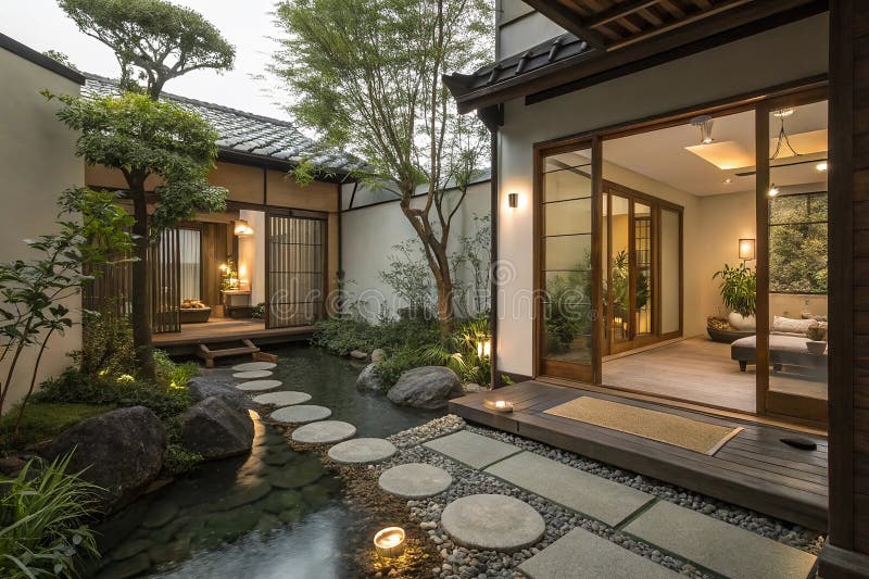 Konstrukcja Wnętrza ZenInspired Wyposażona W Kamienie Kamienne Koi Pond ilustracja wektor