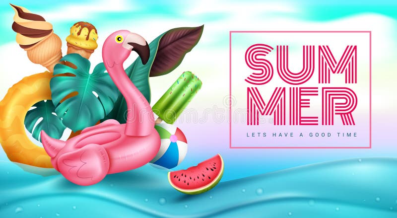 Konstruktion för sommarsemestervektor. Sommartext i havsvatten med flytande tropiska element för slappna av och njuta av havsaktiv royaltyfri illustrationer