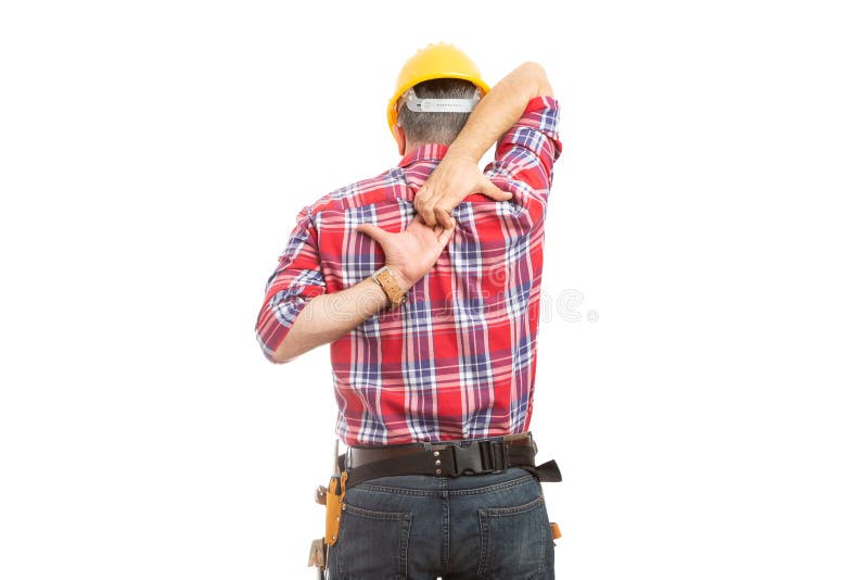 Constructor stretching with hands behind back as warm up for physical effort isolated on white. Constructor stretching with hands behind back as warm up for physical effort isolated on white