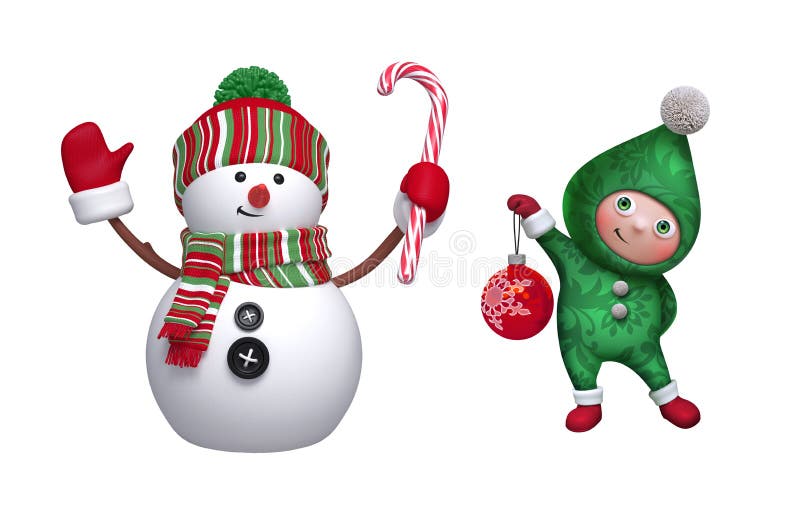 Konstsamling för julklapp 3d-rendering av söt snöman, bländande lf, glasboll, godis, isolerad på vit bakgrund vektor illustrationer