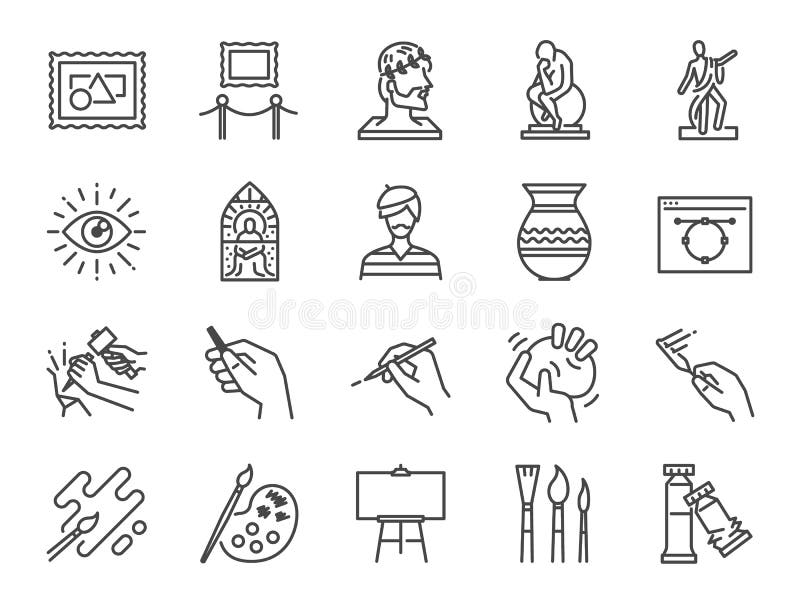 Konstsymbolsuppsättning Inklusive symbolerna som konstnär, färg, målarfärg, skulptur, staty, bild, gammal förlage, konstnärligt o stock illustrationer Konstsymbolsuppsättning Inklusive symbolerna som konstnär, färg, målarfärg, skulptur, staty, bild, gammal förlage, konstnärligt o stock illustrationer