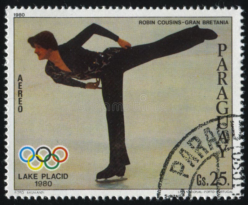 RUSSIA KALININGRAD, 19 APRIL 2017: stamp printed by Paraguay, shows Figure Skater Robin Cousins from Great Britain at Winter Olympics at Lake Placid, circa 1980. RUSSIA KALININGRAD, 19 APRIL 2017: stamp printed by Paraguay, shows Figure Skater Robin Cousins from Great Britain at Winter Olympics at Lake Placid, circa 1980