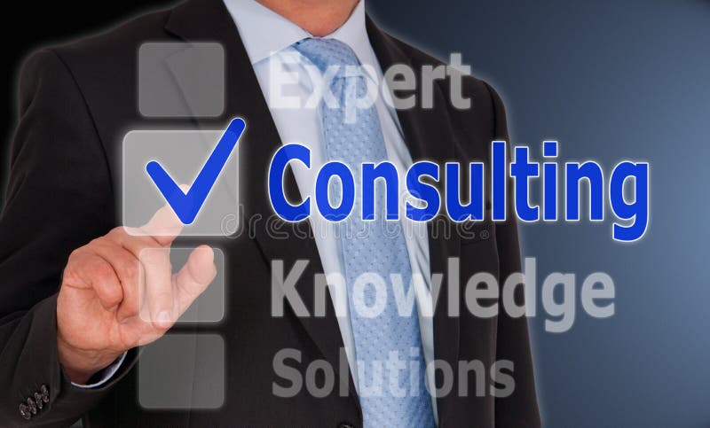 Consulting - Businessman with touchscreen or buttons and different words related to this topic. Consulting - Businessman with touchscreen or buttons and different words related to this topic.