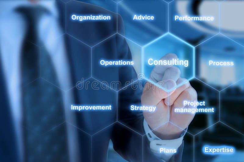 Businessman in blue suit in front of office background clicking tile with the word consulting in hexagon grid. Businessman in blue suit in front of office background clicking tile with the word consulting in hexagon grid