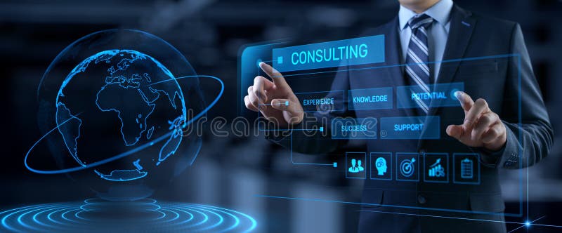 Consulting service business concept. Businessman pressing button on screen. Consulting service business concept. Businessman pressing button on screen.