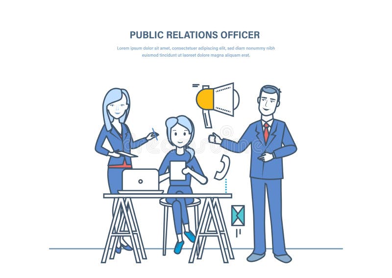 Kontakty z otoczeniem oficery Komunikacja, marketing, pr, kieruje ludzi ` s opiniuje royalty ilustracja Kontakty z otoczeniem oficery Komunikacja, marketing, pr, kieruje ludzi ` s opiniuje royalty ilustracja