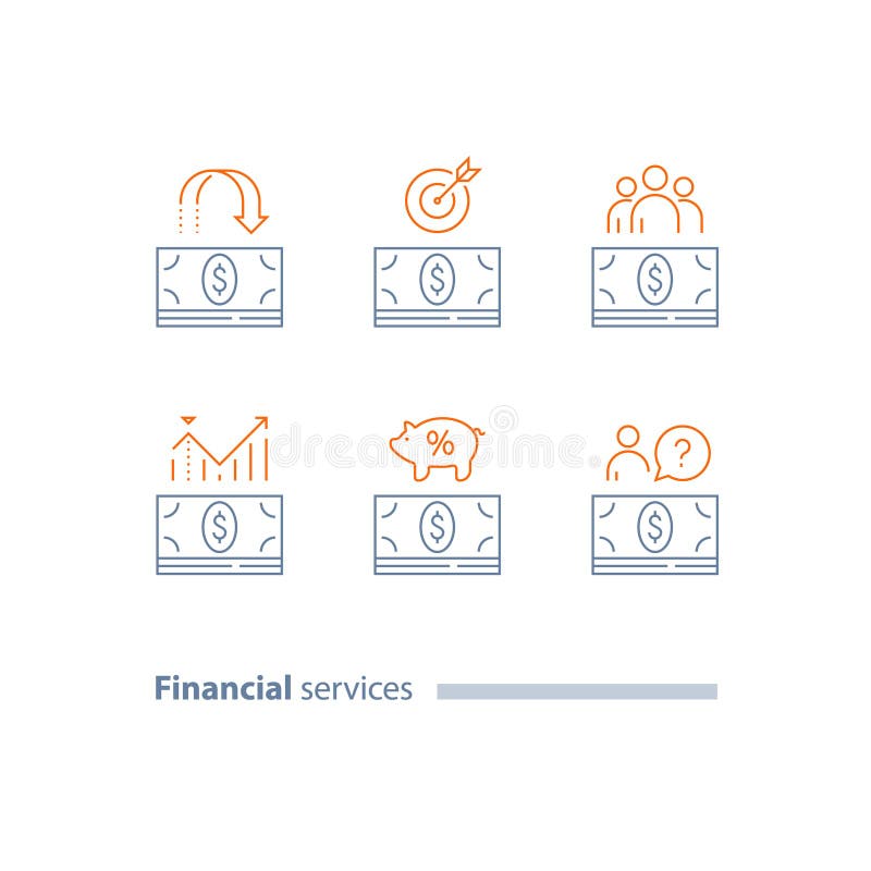 Kontant lån, investeringretur, pengarpacke, återbäring, timpenningar betalning, finansanalytics, pensionsparkonto, företags kostn vektor illustrationer Kontant lån, investeringretur, pengarpacke, återbäring, timpenningar betalning, finansanalytics, pensionsparkonto, företags kostn vektor illustrationer