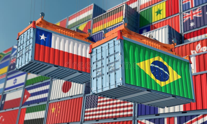 Kontenery towarowe z flagą chile i brazil. Kontenery towarowe z szyldem i flagą brazylijską 3d renderingu