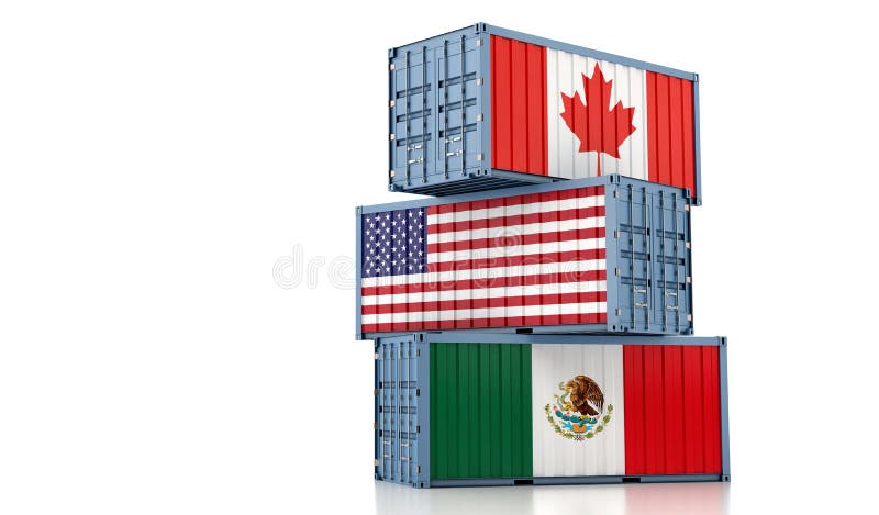 Kontenery towarowe z kanadą usa i meksykańskimi flagami krajowymi nafta północnoamerykańska umowa o wolnym handlu ilustracja wektor