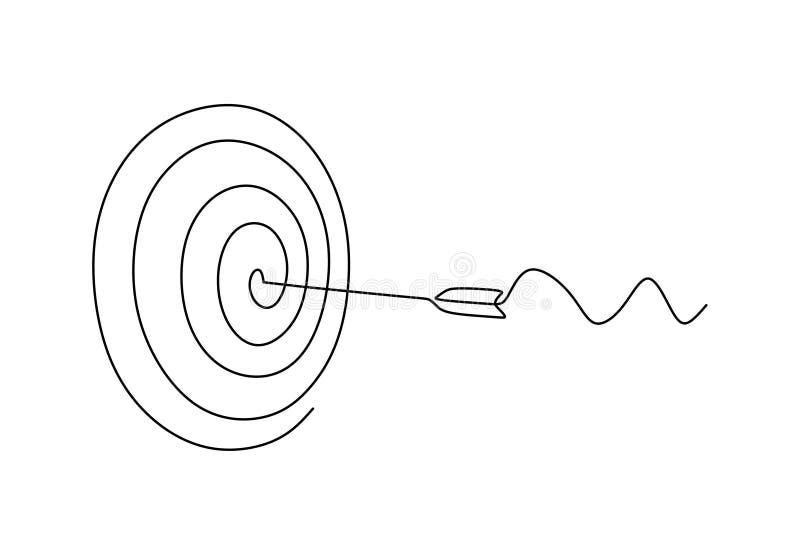 Kontinuerlig linjeritning av pilen i mitten av målet Objekt med en hand som ritats som mål för arkeriets affärsutmaningsmetafor V