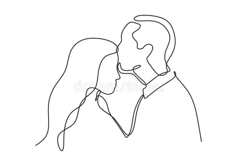 Kontinuerlig ritning av ett par i kärlek Man kysser en flicka eller kvinna i romantisk situation Planering av vektorminimalism vektor illustrationer