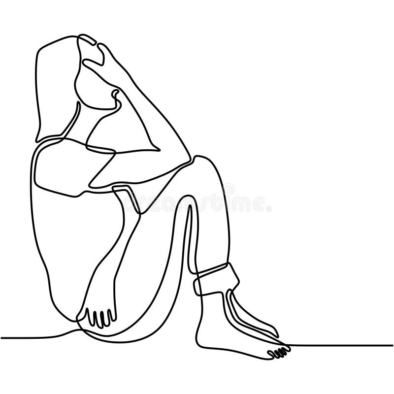 Kontinuerlig ritning av utmattad ung kvinna som täcker ansiktet med händerna. Kvinnor som lider av depression. flicka i förtvivlan
