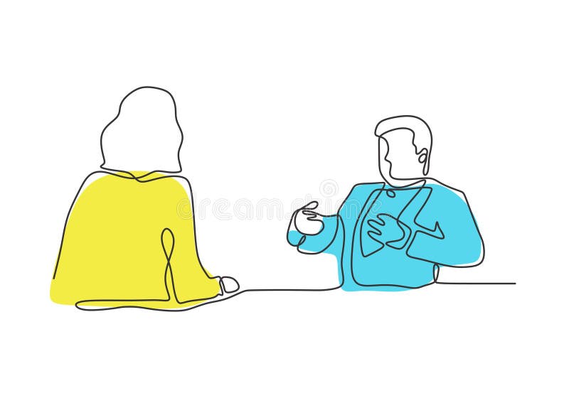 Kontinuierliche Zeichnung einer Geschäftsdiskussion von zwei Personen Man spricht mit Sekretärin oder Klient
