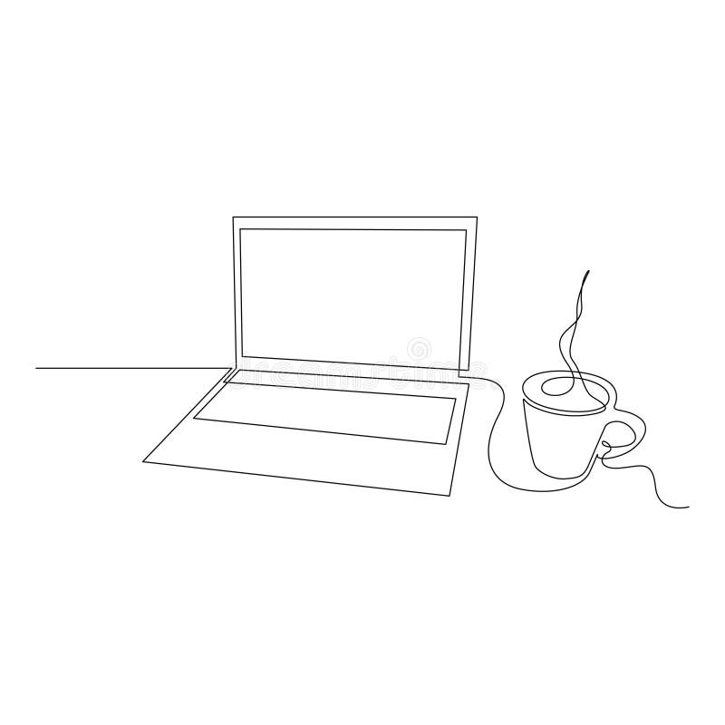 Kontinuierlicher Ein-Line-Laptop und Schlamm mit heißem Getränk Vector-Illustration lizenzfreie abbildung