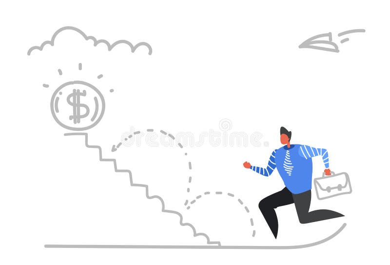 Kontor för man för affär för begrepp för motivation för tillväxt för rikedom för framgång för mynt för dollar för stege för affär vektor illustrationer Kontor för man för affär för begrepp för motivation för tillväxt för rikedom för framgång för mynt för dollar för stege för affär vektor illustrationer
