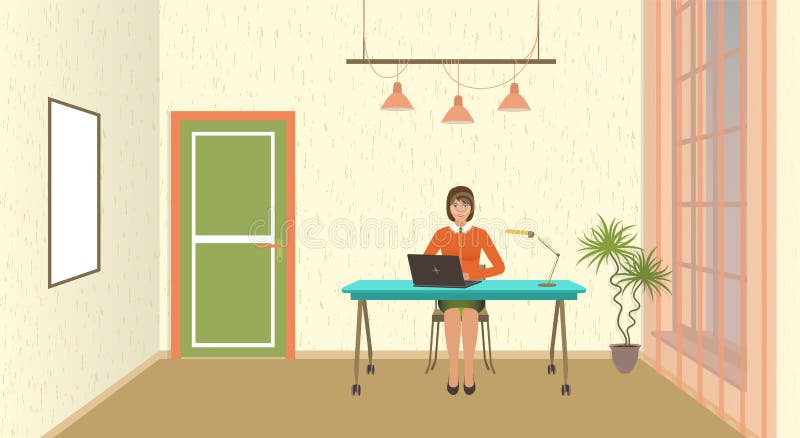 Kontorsruminre med funktionsduglig anställd på tabellen Ung kvinna på workspacen med bärbara datorn vektor illustrationer Kontorsruminre med funktionsduglig anställd på tabellen Ung kvinna på workspacen med bärbara datorn vektor illustrationer