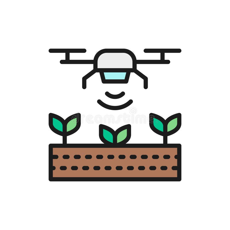 Kontrola dronów do sadzenia nasion, rolnictwo, płaska kolorowa ikona linii