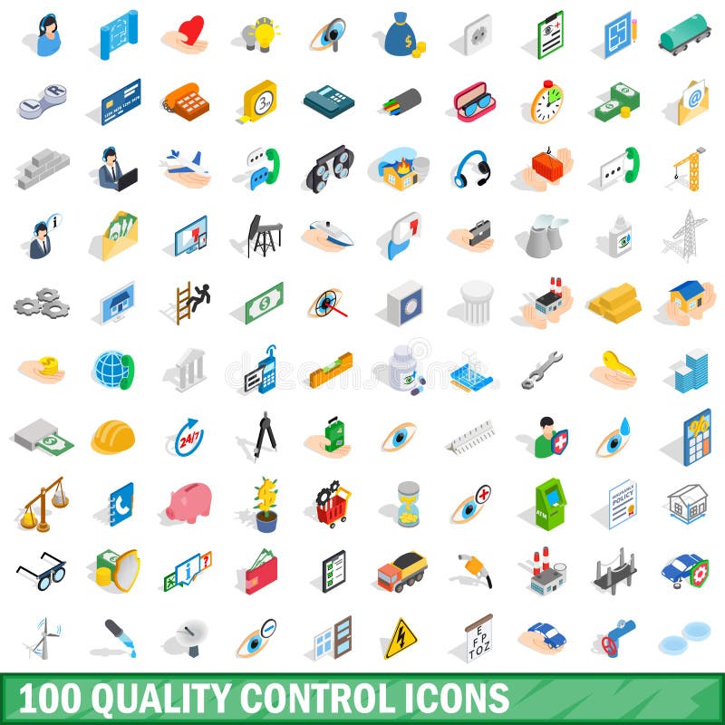 100 kontrola jakości ikon ustawiających, isometric 3d styl ilustracji 100 kontrola jakości ikon ustawiających, isometric 3d styl ilustracji