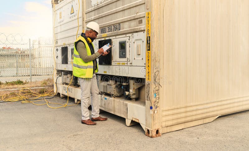 Kontrollista för maskinellt svartvitt och kylskåp för containerlastunderhåll på fartygsvarv. professionell arbetskraft royaltyfri fotografi